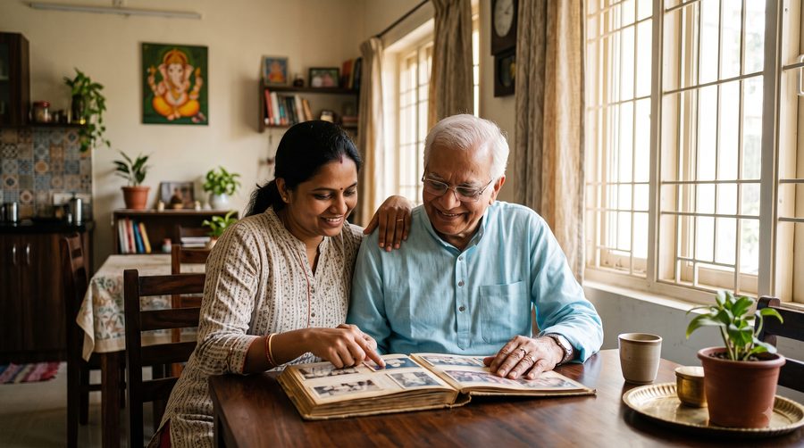 A caregiver looking through a photo album with an elderly man