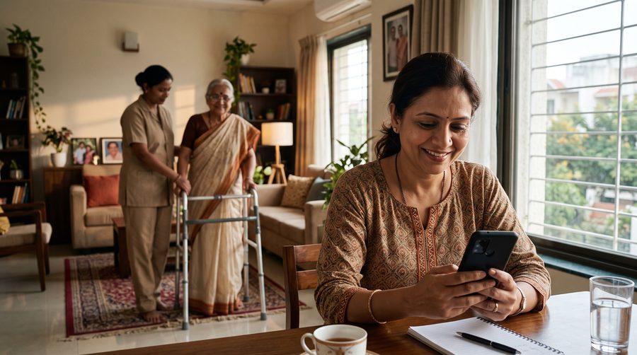 A family member checking on care updates from her phone