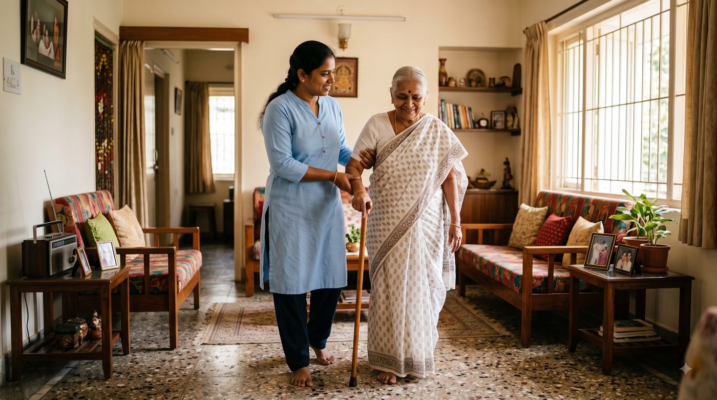 A caregiver helping an elderly woman walk at home