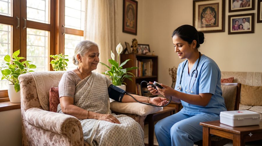 A nurse checking an elderly woman's blood pressure at home